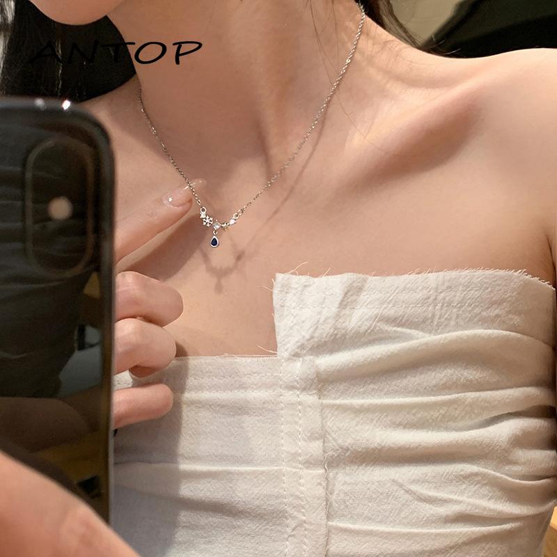 【antop】Blue Zircon Water Drop Kalung Wanita Ringan Mewah Manis Keren Temperamen Rasa Maju