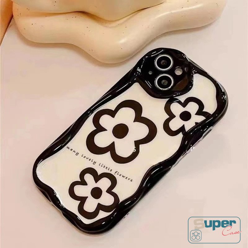 Simple Retro Antik Putih Tiga Bunga Glossy Case Kompatibel Untuk IPhone 6s 8 6 7 Plus XR 11 13 14 12 Pro Max X XS Max SE 2020 3D Wavy Curved Edge Shockproof Airbag Soft Cover