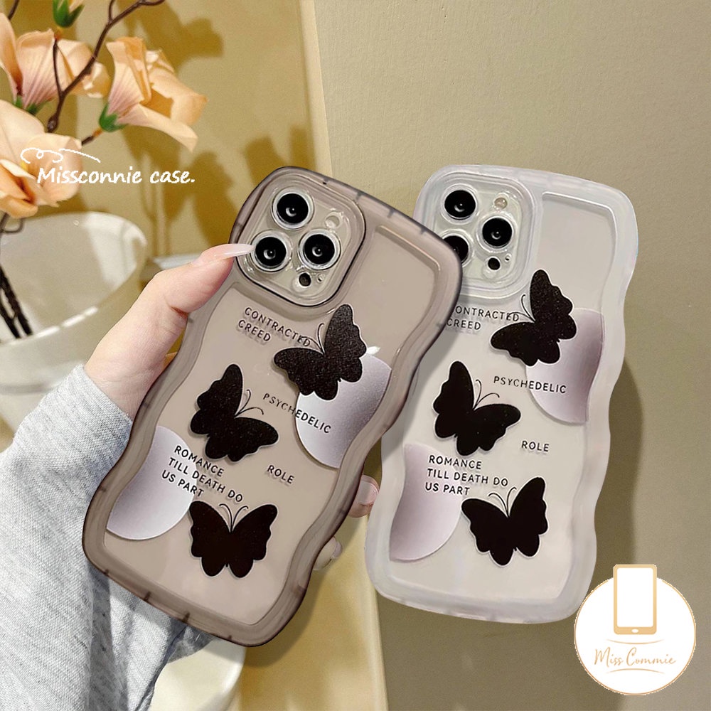 Infinix Smart5 4 6 Plus Hot 10s 11s Hot 11 10 9 12 Main 11s 20s 10T 20 8 10Lite 12i Note12 12Pro 12 G96 8 10Pro Kartun Lucu Tiga Kupu Hitam Soft Wavy Edge Case