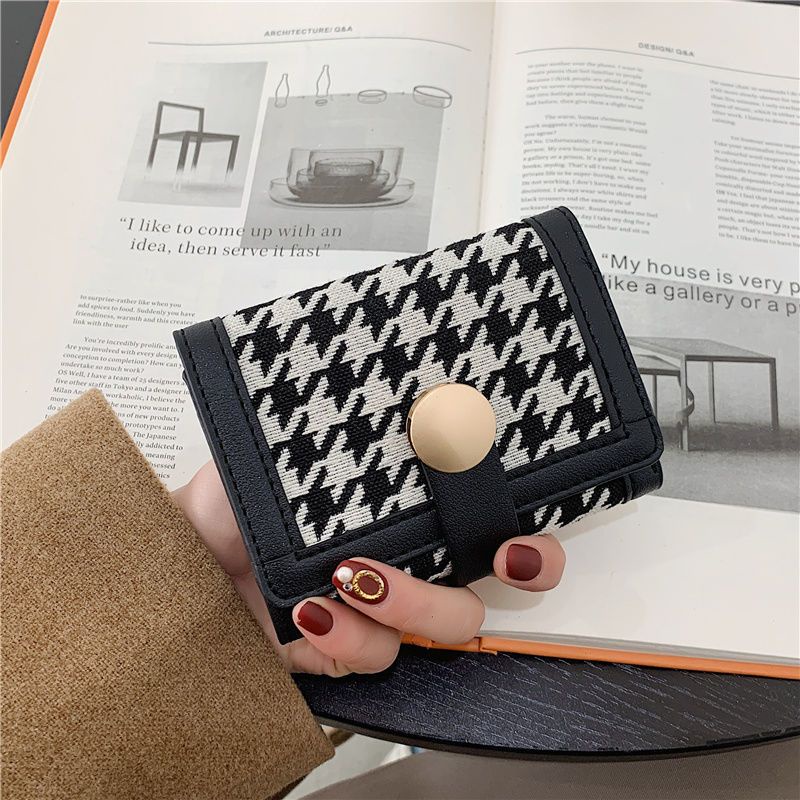 Sera baru kanvas houndstooth dompet kecil wanita paragraf pendek warna kontras lipat klip koin multi-kartu gesper tas genggam panjang