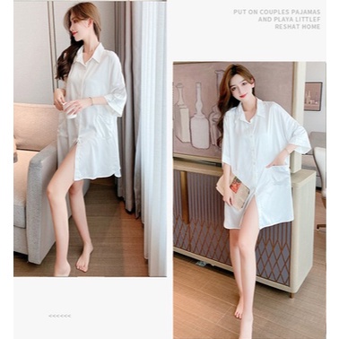 Kemeja Wanita Model Dress Lengan Panjang Oversize Warna Polos