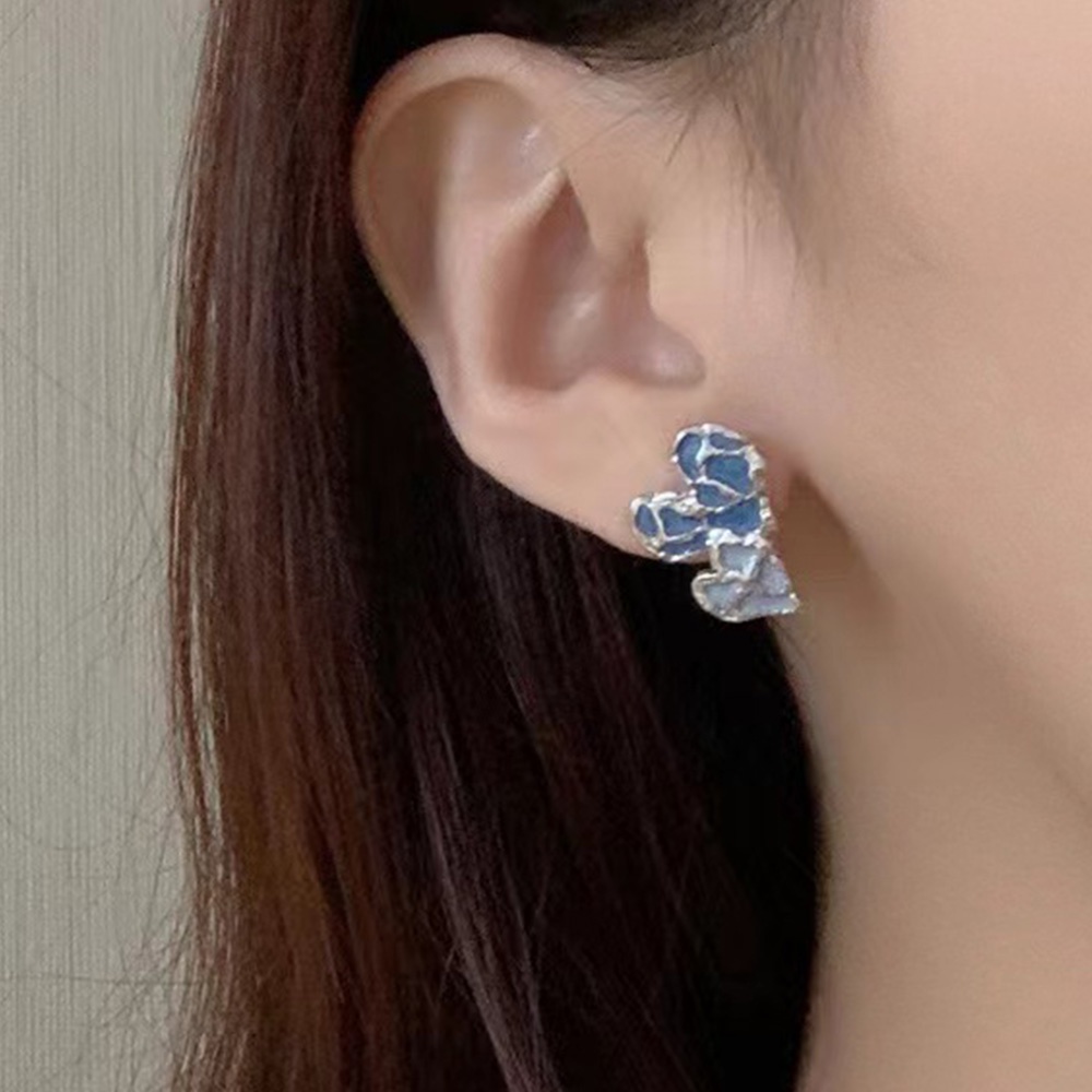 Anting Klip Hati Ganda Biru Tidak Teratur Non Tindik Untuk Wanita Vintage Perhiasan Geometris Fake Piercing Ear Cuff