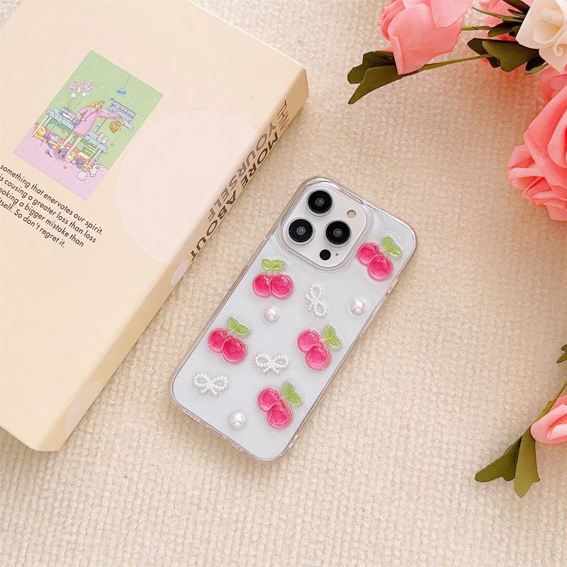 Cute Drop Glue Acrylic Full Screen Cherry Casing Transparan Untuk Iphone14 13 12 11 Pro MAX Plus Mini Shockproof Clear Cover Untuk iPhone X XS MAX XR 7 8 Plus SE 2022 2020