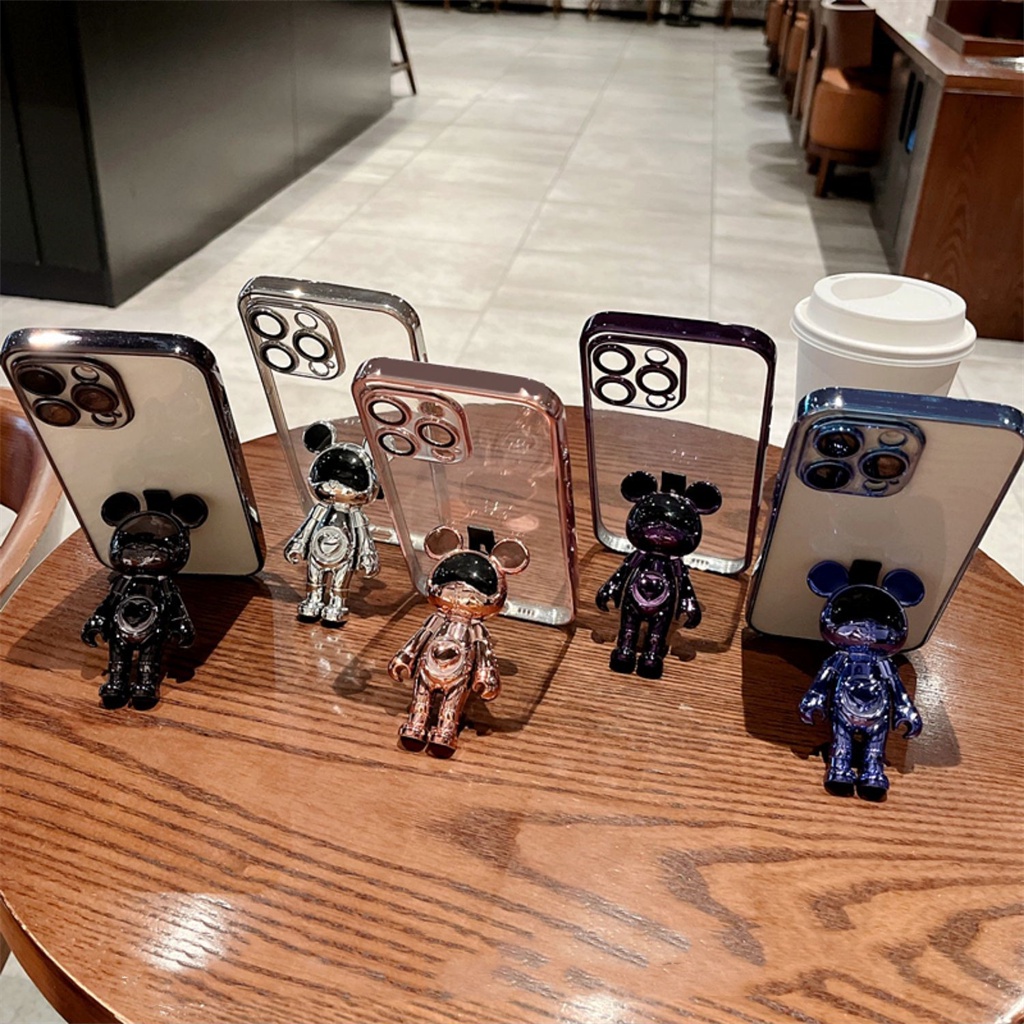 Casing Lensa Pelindung Kamera Mewah iPhone 14 Pro Max case iPhone 13 12 11 Pro Max14 plus promax Kartun 3D Mickey stand TPU Bening Perlindungan shock Lembut Penutup Belakang