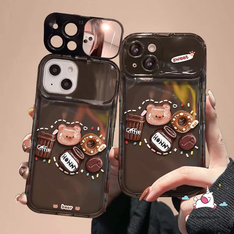 IPHONE Casing Flip Make Up Mirror Creative Case Kompatibel Untuk Iphone7 8 14 Plus 11 12 13 14 Pro MAX XR X XS MAX SE Kartun Lucu Mainan 3D Beruang Kopi Donat Shockproof Soft Cover