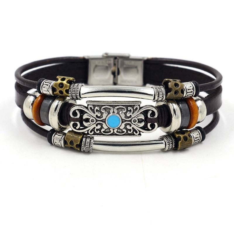 [X C Gelang] Baru Gelang Pasangan Stainless Steel Hitam Kulit Vintage Hip Hop Punk Gelang Kulit Lengan Manik-Manik Multilayer Zinc Alloy Anyaman Gelang