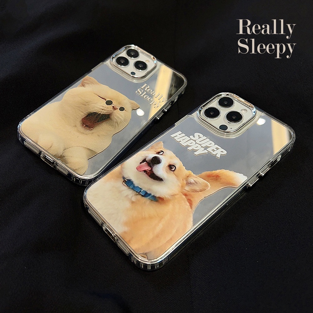 IPHONE Hewan Lucu Puppy Dog Cat Electroplated Camera Frame Phone Mirror Case Cover Untuk Iphone11 12 13 14 PRO MAX