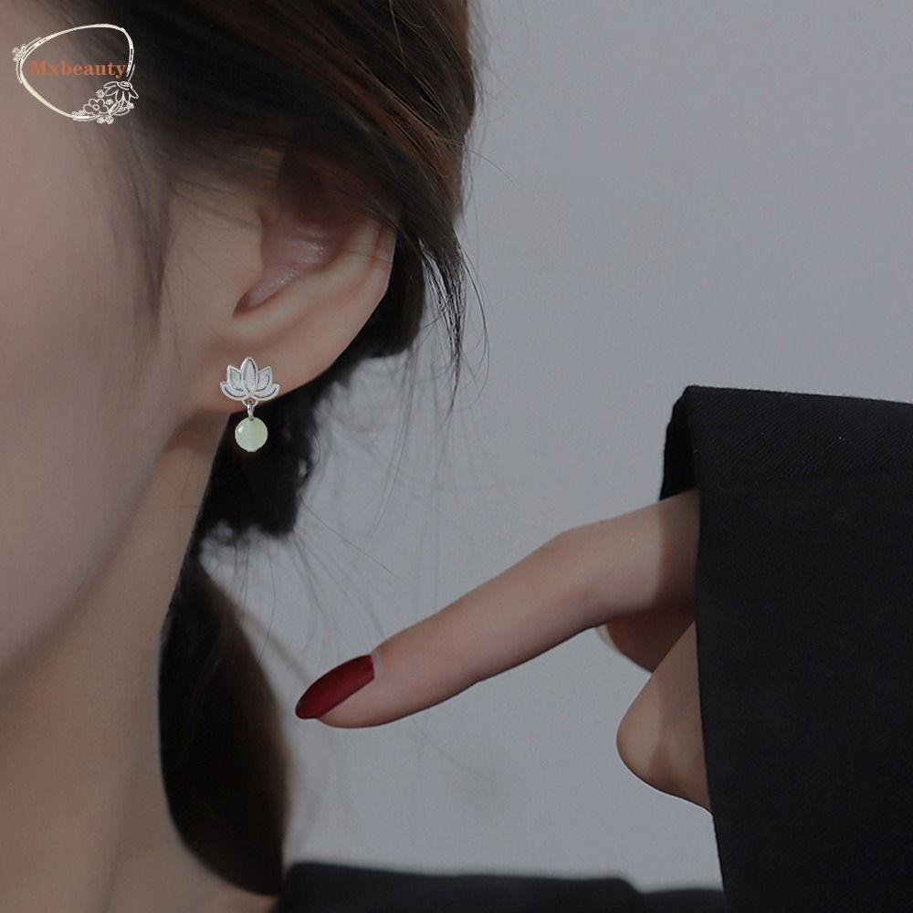 Mxbeauty Wanita Menjuntai Anting Temperamen Indah Halus Perhiasan Fashion Imitasi Hetian Giok Hanfu Ornamen Lotus Drop Earrings Stud Earrings