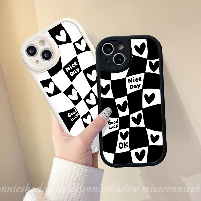 IPHONE Blok Tidak Teratur Hitam Putih Cinta Hati Casing Kompatibel Untuk Iphone11 14 XR 11 14 12 13 Pro Max 7plus 6 6s 7 8 plus XS Max X SE 2020 Pasangan Lucu Casing Belakang Tpu Lembut