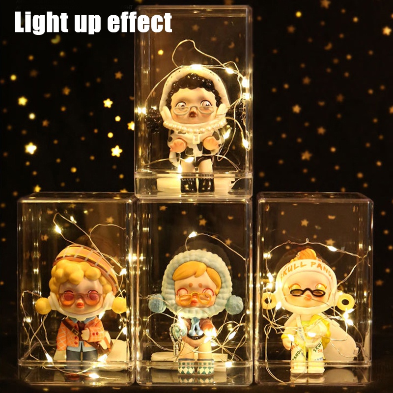 1pc Mini Action Figure Akrilik Case DIY Luminous Light Mainan Boneka Organizer Transparan Solid Stackable Kotak Penyimpanan Tahan Debu Koleksi Showcase Blind Box Display Stand