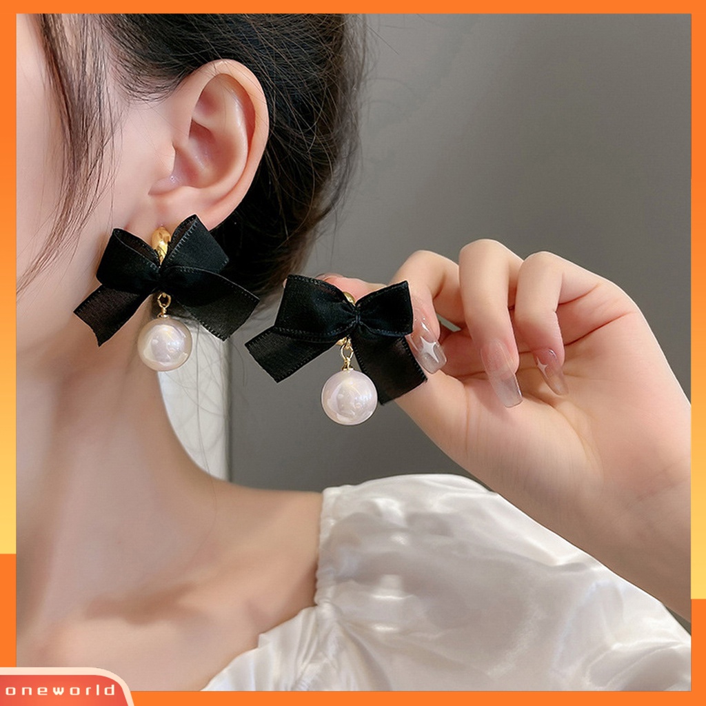 [EONE] 1pasang Anting Menjuntai Retro Gaya Perancis Hitam Ikatan Simpul Elegan Hadiah High Gloss Mutiara Imitasi Wanita Drop Earrings Perhiasan Aksesoris