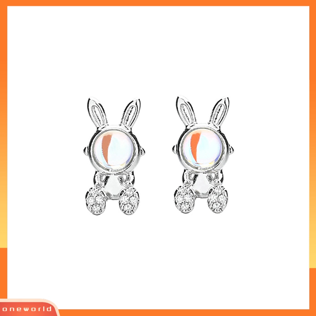 [EONE] 1pasang Ear Studs Faux Moonstone Mini Bawa Keberuntungan Bling Berlian Imitasi Kelinci Bunny Wanita Anting Perhiasan Aksesoris