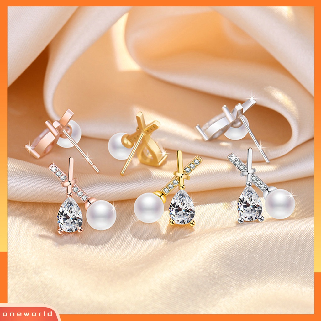 [EONE] 1pasang Ear Studs X Shaped Shining French Style Berlian Imitasi Hias Dekorasi High Gloss Tidak Teratur Faux Zircon Pearl Women Earrings Untuk Pesta