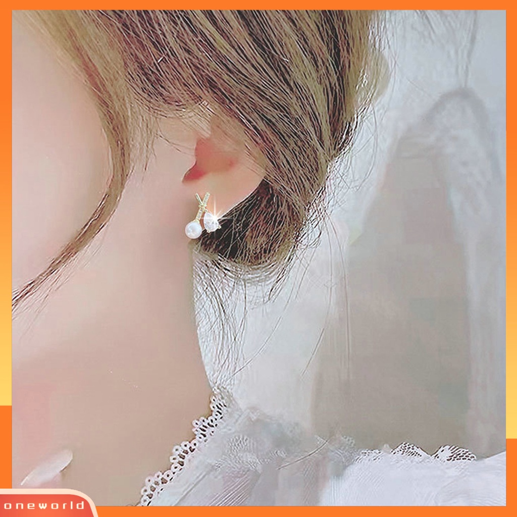 [EONE] 1pasang Ear Studs X Shaped Shining French Style Berlian Imitasi Hias Dekorasi High Gloss Tidak Teratur Faux Zircon Pearl Women Earrings Untuk Pesta