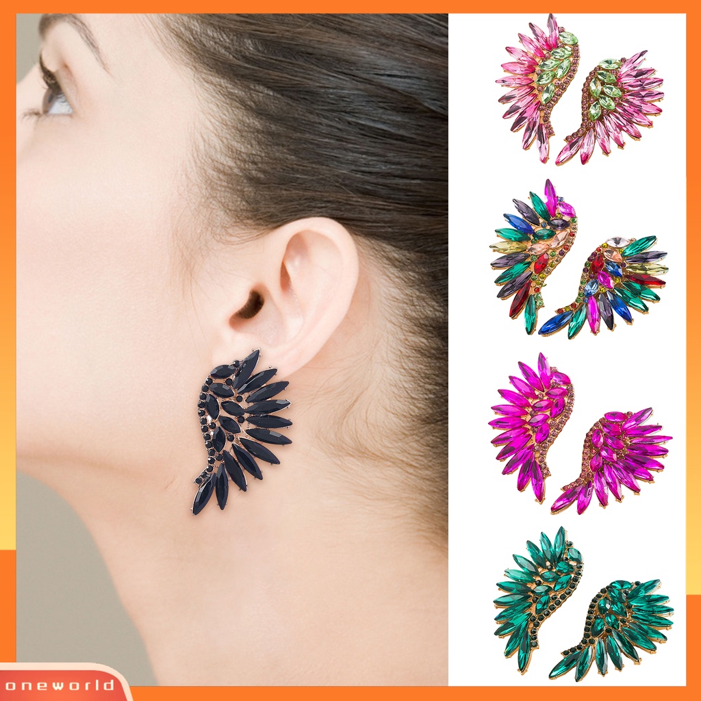 [EONE] 1pasang Ear Studs Shining Eropa Dan Amerika Berlebihan Berbentuk Kipas Berlian Imitasi Hias Warna-Warni Retro Stereo Sayap Malaikat Stud Earrings Aksesoris Kostum