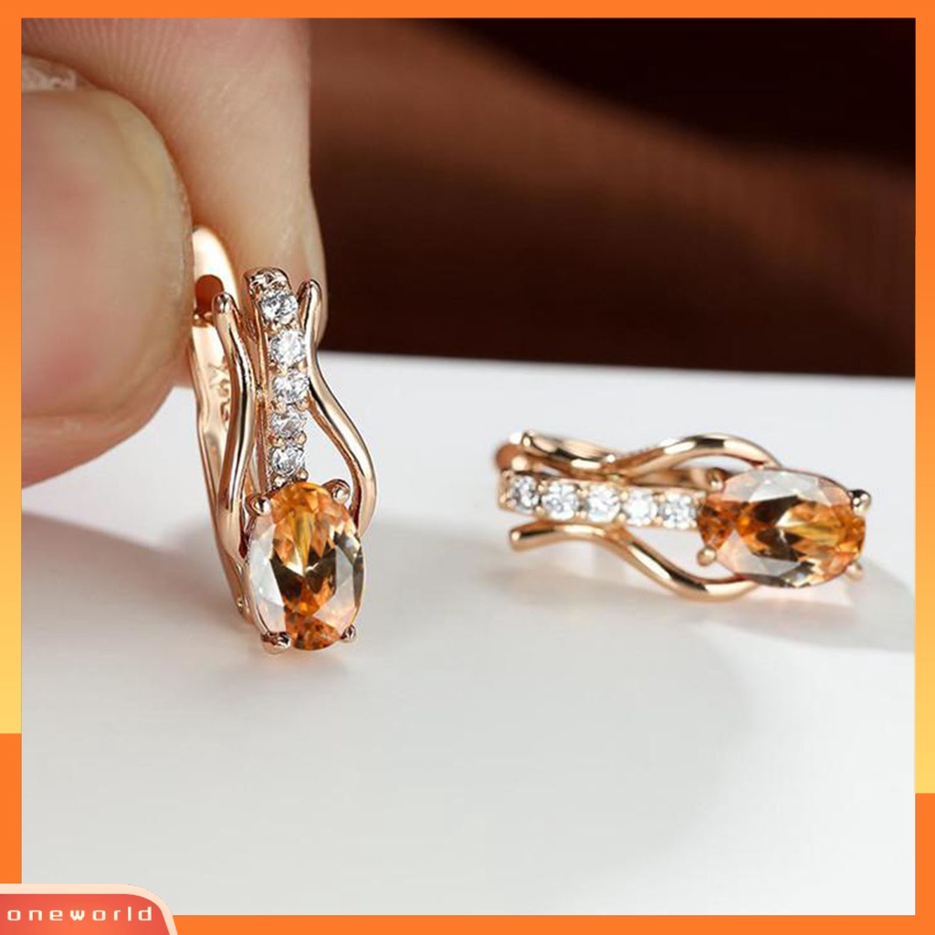 [EONE] 1pasang Drop Earrings Oval Potong Batu Permata Imitasi Temperamen Shiny Cubic Zirconia Hias Dress Up Hadiah Wanita Mewah Menjuntai Anting Perhiasan Pernikahan