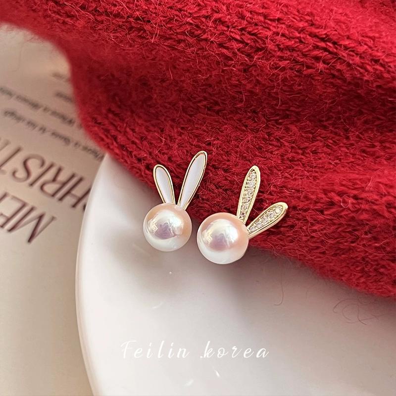 Sweet cute bunny sparkling diamond colorful pearl earrings Aksesoris Korea Wanita