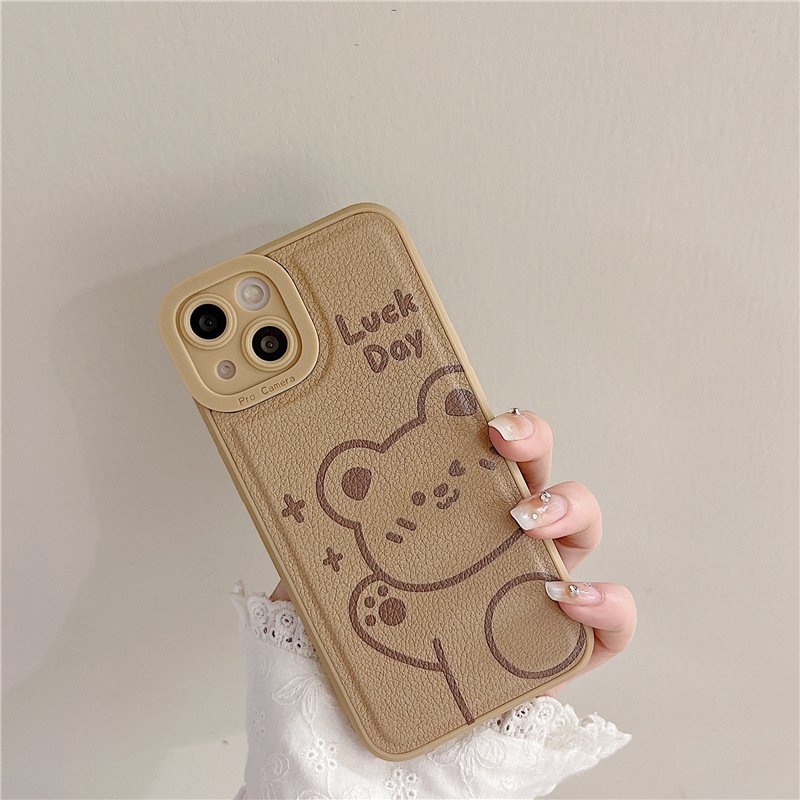 Leather Brown Little Bear Soft Silicon Case HP iP iPhone 7 8 14 + Plus SE 2020 X XS XR Max 11 12 13 Pro Max New FTD Casing Apple