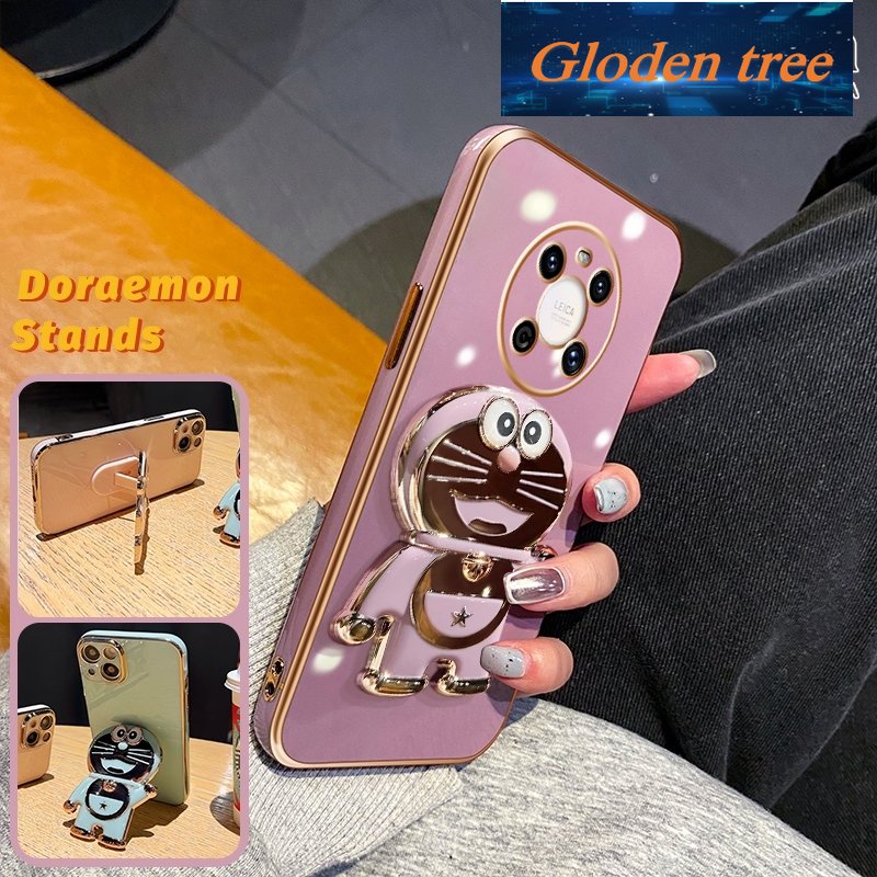 Gloden tree Casing Untuk Huawei Mate 40pro Case Fashion Kartun Doraemon Lipat Stand Phone Case Electroplating Shockproof Phone Holder Case