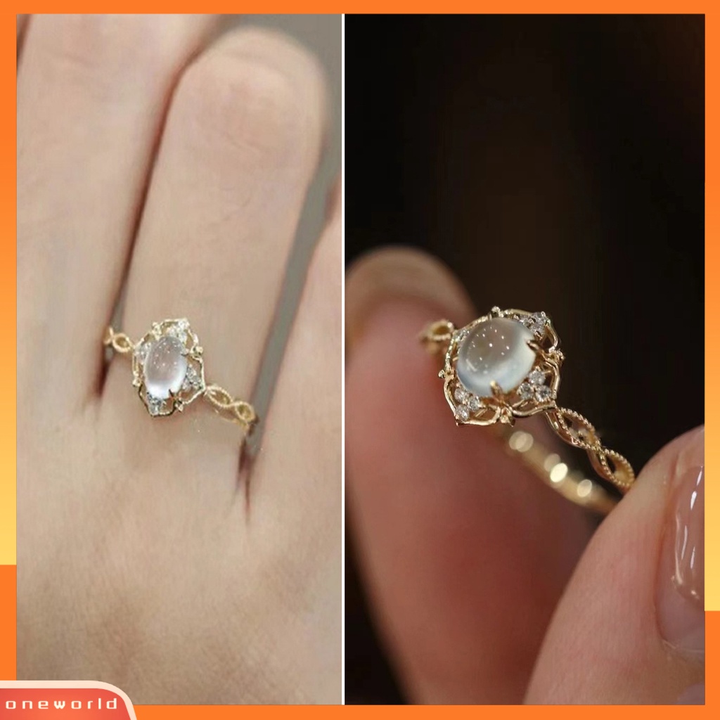 [EONE] Wanita Cincin Mengkilap Romantis Berongga Keluar Berkilau Dapat Disesuaikan Hadiah Hias Faux Moonstone Wedding Ring Pesta Perhiasan Aksesori Busana