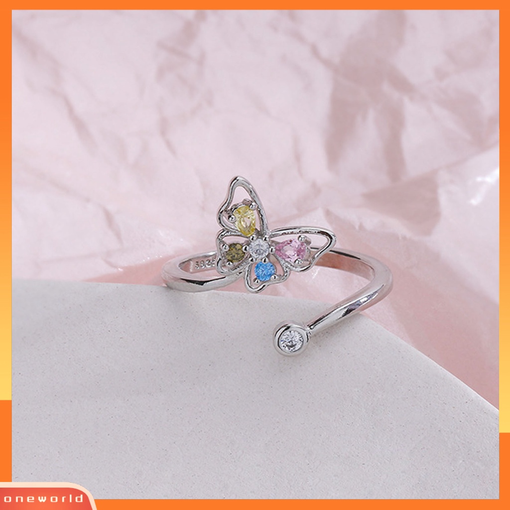 [EONE] Wanita Cincin Manis Warna-Warni Cubic Zirconia Open End Temperamen Bentuk Kupu-Kupu Hias Berlian Imitasi Jari Telunjuk Cincin Aksesoris Fashion