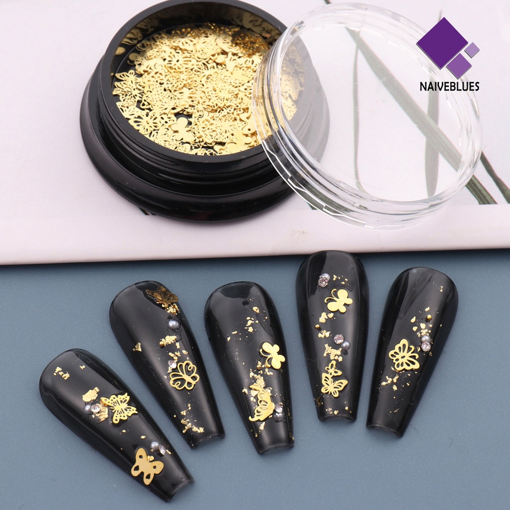 [naiveblues] 1kotak Pesona Nail Art Bersinar Berlubang Kupu-Kupu Mudah Tempel Panjang DIY Removable