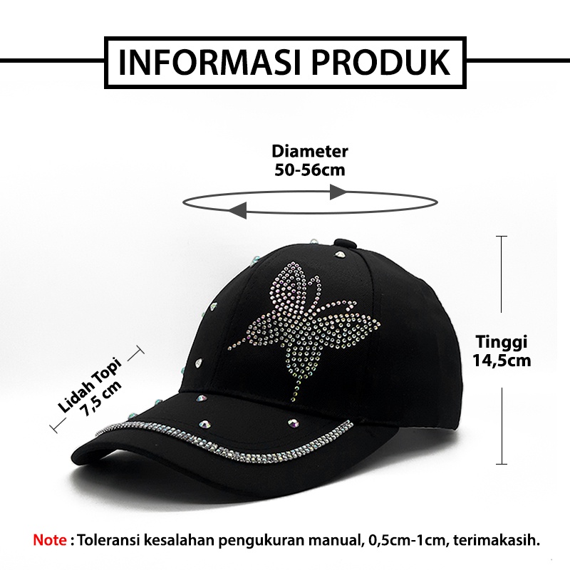 Topi Baseball Wanita Korea Motif Kupu Kupu Manik Kristal Gaya Jepang Bahan Tebal Import BSBH