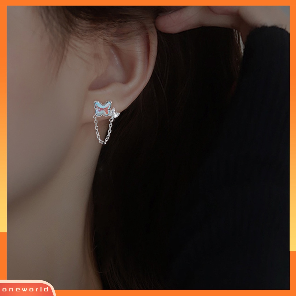 [EONE] 1pasang Ear Studs Mini Faux Moonstone Elegan Berlian Imitasi Tertanam Kupu-Kupu Rantai Wanita Anting Perhiasan Fashion