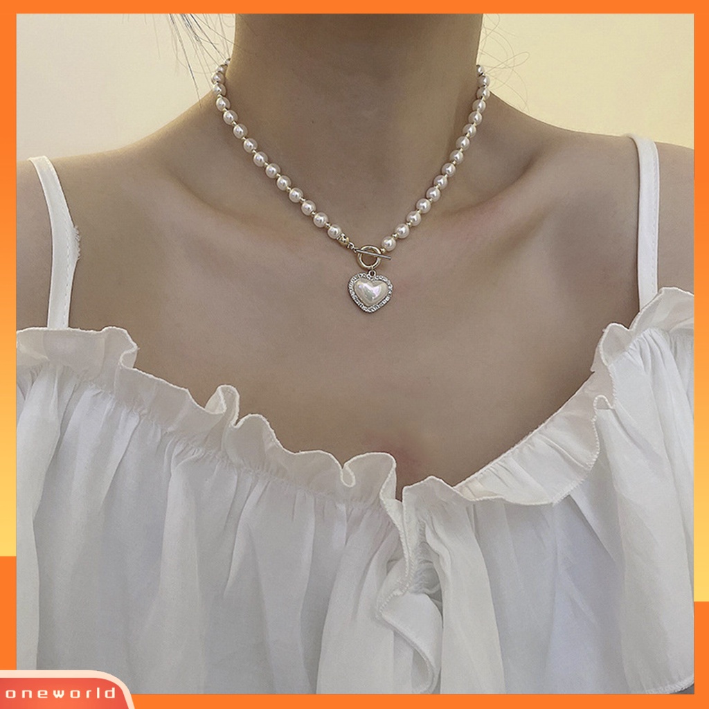 [EONE] Klavikula Kalung Elegan Jantung Shell Liontin Manik Manis Mengkilap Hias Hadiah Wanita Besar Putih Mutiara Imitasi Kalung Pesta Perhiasan