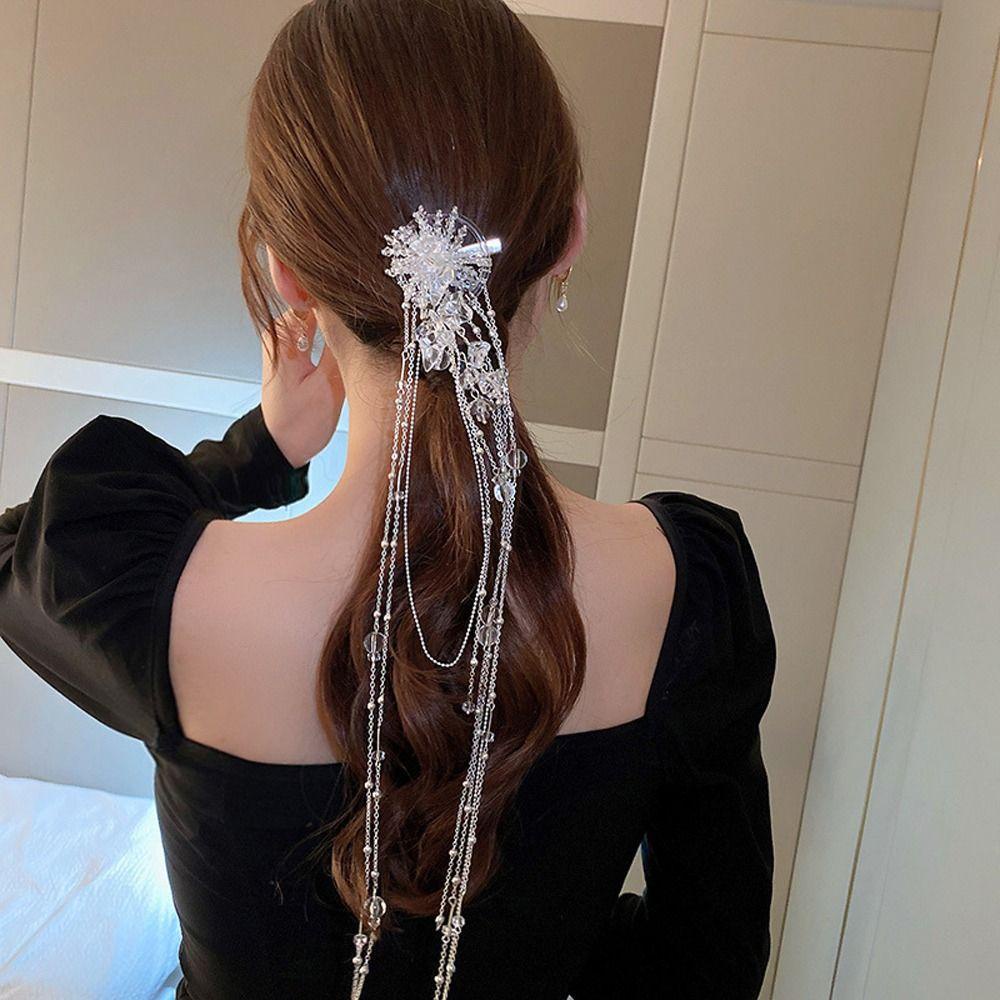 AUGUSTINA Kristal Klip Rambut Bergaya Hiasan Kepala Elegan Panjang Rumbai Brided Hair Clips Baru Hiasan Kepala Korea Jepit Berlian Imitasi Wanita Jepit Rambut