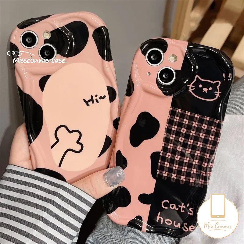 Casing Kotak-Kotak Leopard Kucing Kartun Yang Indah Untuk Realme C55 5 5i 6i 7i 5s C12 C53 C21Y C35 C15 C25 C25Y C33 C31 C11 C20 C17 C25s C30 C21 C20A C3 3D Wavy Curved Edge Soft Case