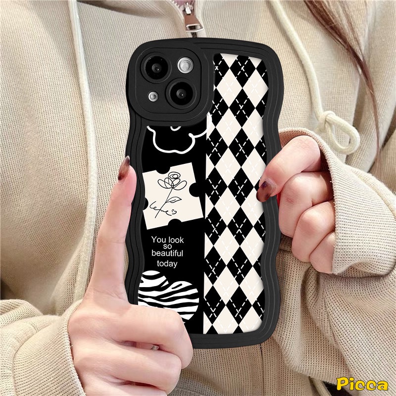 IPHONE Romantic Art Flowers Diamond Plaid Case Kompatibel Untuk Iphone11 14 13 12 Pro Max 7Plus XR X XS Max8 6 6s 7 14 Plus SE 2020 Wavy Edge Soft Tpu Back Cover