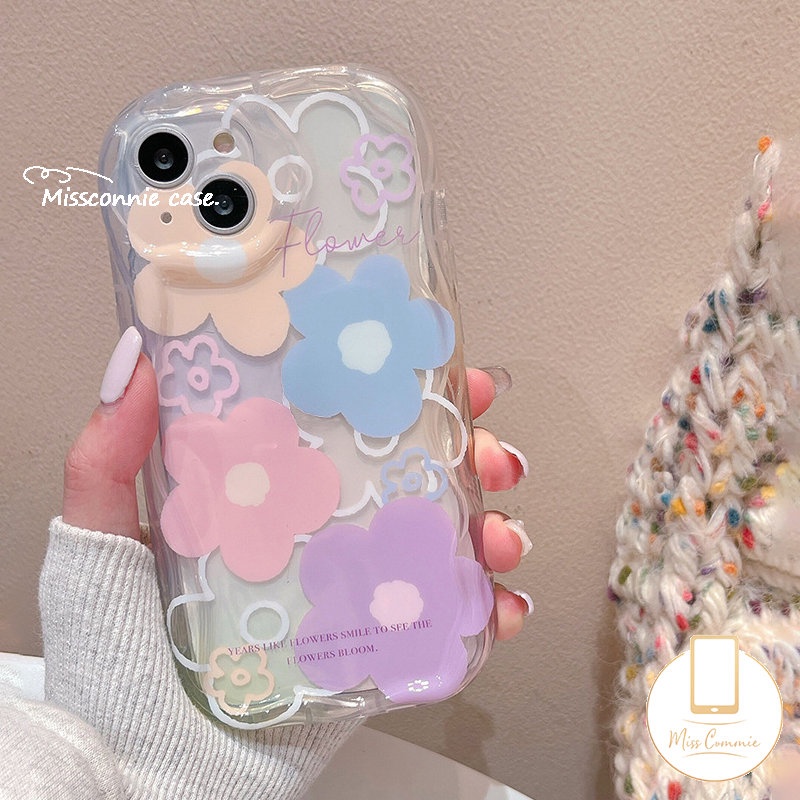 IPHONE Casing Bunga Segar Warna-Warni Kompatibel Untuk Iphone11 14 12 13 Pro Max 7Plus XR X7 8 6s 6 Plus XS Max SE 2020 Shockproof Soft Tpu 3D Wavy Curved Edge Glossy Cover Case