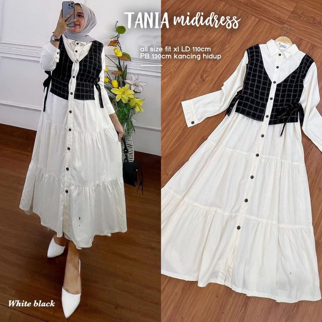 Tania Midi Dress Gamis Muslim Polos Basic Mix Rompi Kotak Premium BJ