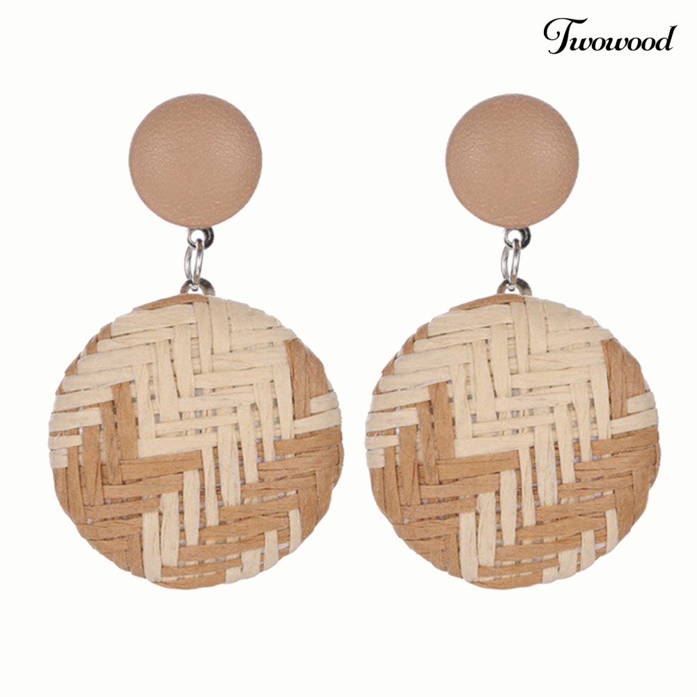 Twowood Boho Wanita Geometris Tombol Bulat Anyaman Jerami Menjuntai Stud Earrings Perhiasan