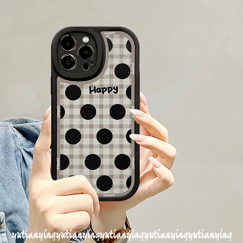 Happy Grid Big Dots Phone Case Kompatibel Untuk IPhone XR XS X Max11 13 12 14 Pro Max 7Plus 6s 6 7 8 Plus SE 2020 Shockproof Vintage Bunga Tulip Soft Cover