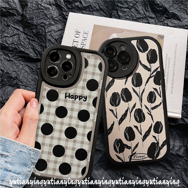 Happy Grid Big Dots Phone Case Kompatibel Untuk IPhone XR XS X Max11 13 12 14 Pro Max 7Plus 6s 6 7 8 Plus SE 2020 Shockproof Vintage Bunga Tulip Soft Cover