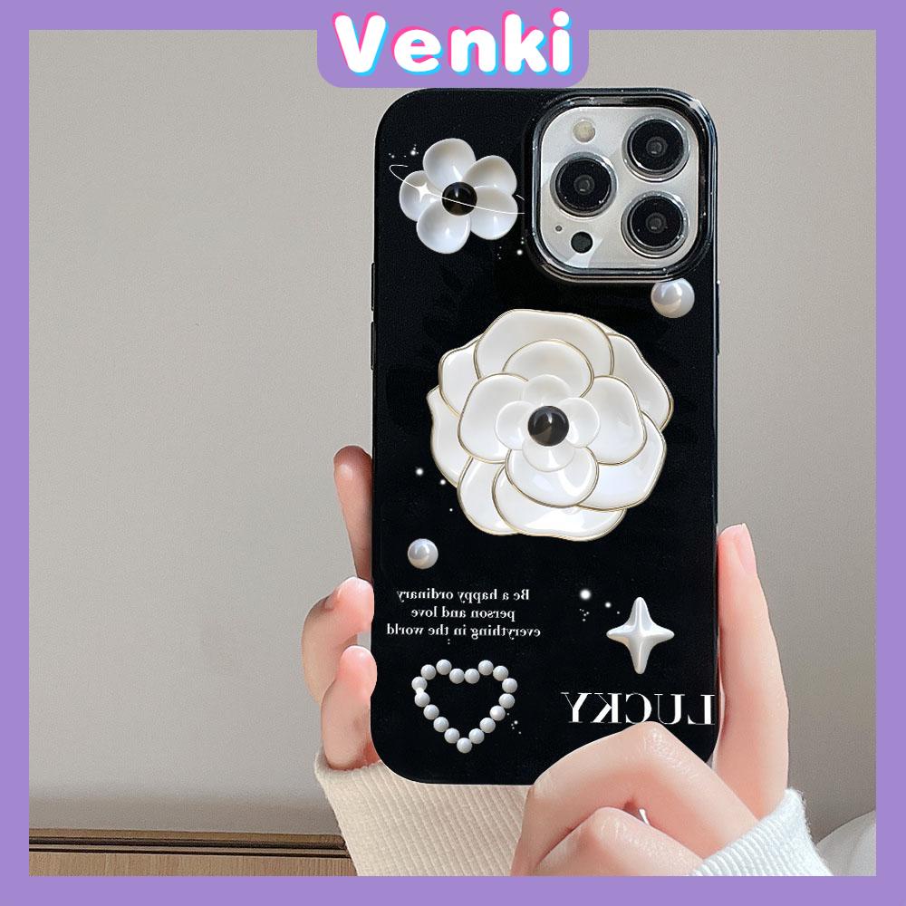 VENKI - For iPhone 11 iPhone Case Black Glossy TPU Soft Case Shockproof Protection Camera White Flowers Compatible with iPhone 14 13 Pro max 12 Pro Max xr xs max 7Plus 8Plus