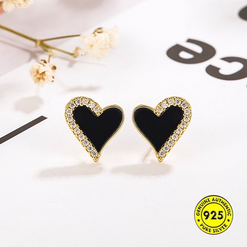 S925 Perak Manis Keren Hitam Bentuk Hati Dengan Berlian Stud Earrings Sederhana Canggih Halus Anting U1811