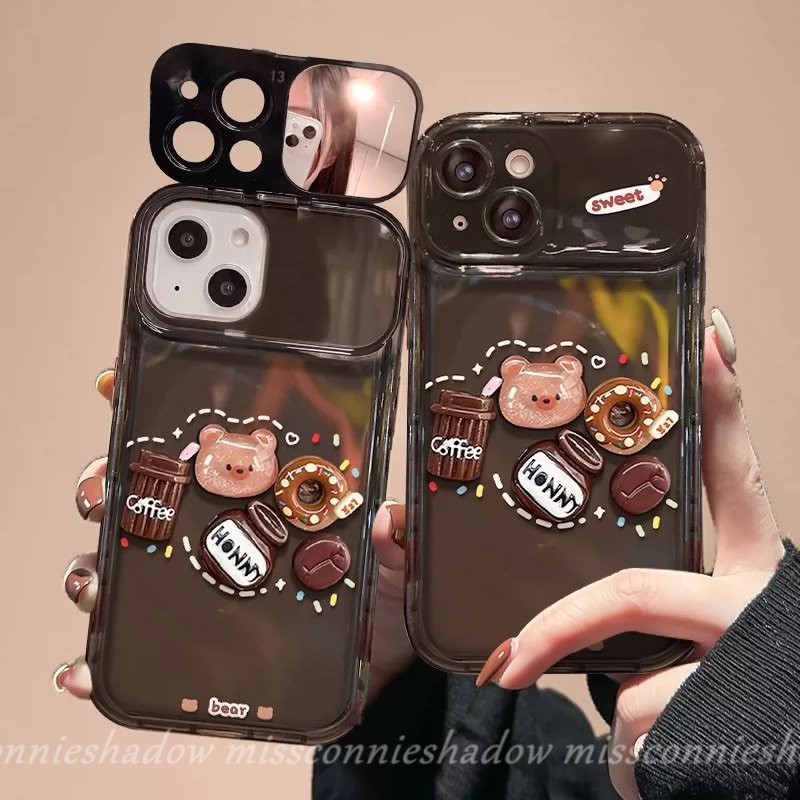 3d Kartun Lucu Mainan Beruang Kopi Donat Case Untuk Oppo A57 A12 A15 A7 A3s A5s A53 A15s A9 A5 A77 A77S A11K A31 A33 2020 A35 Kreatif Flip Make Up Cermin Shockproof Soft Phone Cover