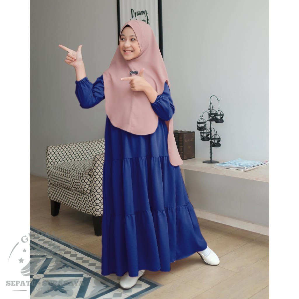 READY - dyah gamis kids usia 7 - 13 gamis anak hitam putih bahan rayon premium super sya'i kids