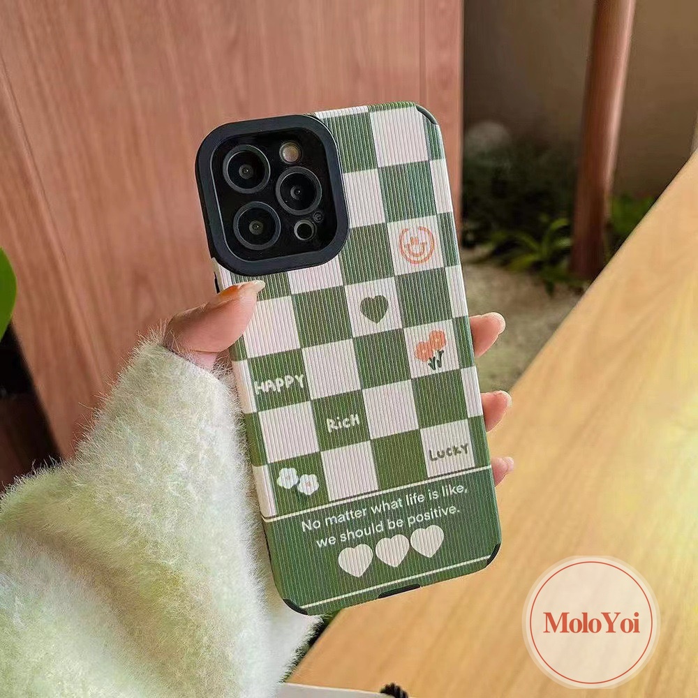 Retro Kotak-Kotak Bunga Cinta Hati Shockproof Case Kompatibel Untuk IPhone XR XS X Max8 7 Plus 11 13 14 12 Pro Max 7Plus Tekstur Kulit Mewah Lembut Silikon Phone Cover