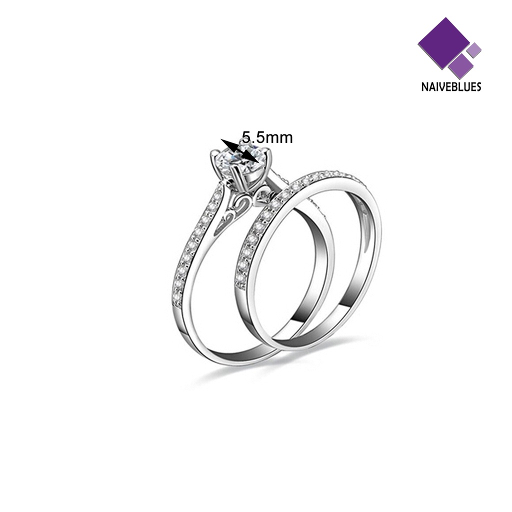 &lt; Naiveblues &gt; 2Pcs/Set Cincin Shiny Cubic Zirconia Plated Silver Cincin Pasangan Romantis Untuk