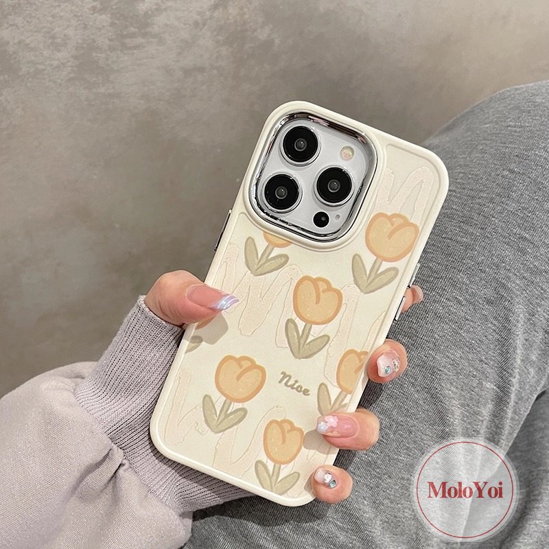 IPHONE Luxury Plating Electroplate Fresh Tulip Flower Phone Case Kompatibel Untuk Iphone11 14 12 13 Pro MAX 7plus 8plus XR X7 8 Plus XS MAX Frame Lensa Metal Shockproof Soft Cover