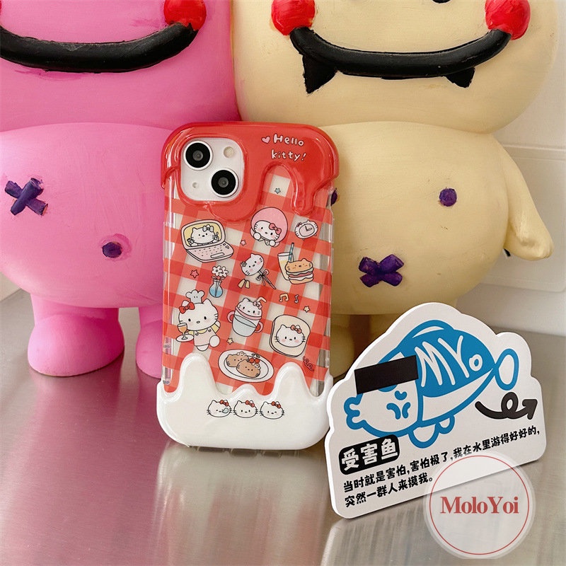 Ins Korea Aesthetic Kartun Kompatibel Untuk IPhone XR XS X Max7 8 Plus 11 13 14 12 Pro Max 7Plus 8Plus SE 2020 3D Ice Cream Lucu Hello Kitty Cat Case Lembut Silicon Penutup Belakang