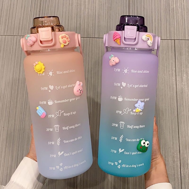 【Stiker 2D &amp; 3D Gratis】Botol Motivasi Viral Warna Pelangi 2L Korea Bottle Jumbo 2000ML Free Sticker