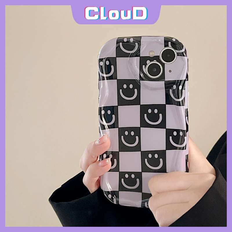 IPHONE Kartun Lucu Smiley Glossy Case Kompatibel Untuk Iphone11 14 13 12 Pro Max 7Plus XR X XS Max7 8 6s 6 Plus SE 2020 3D Wavy Curved Edge Lembut Shockproof Airbag Checkerboard Cover