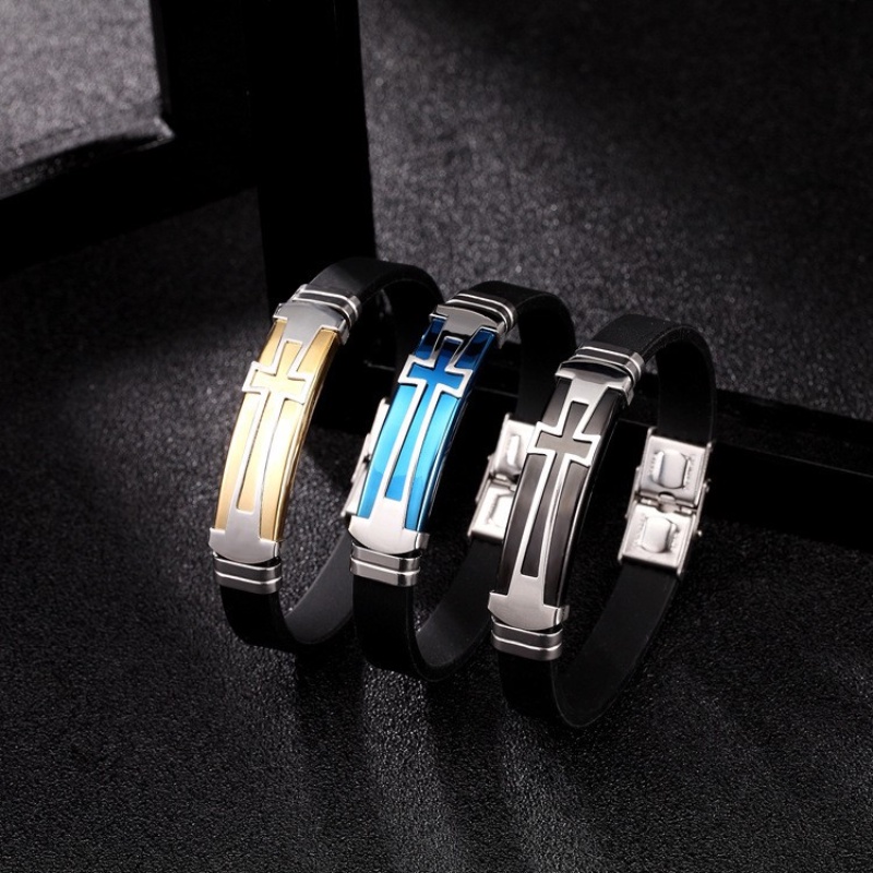 Z H Perhiasan Stainless Steel Salib Silikon Gelang Pria Dan Wanita Fashion Pasangan Gelang Retro Hip Hop Rock Pesta Perhiasan Aksesoris