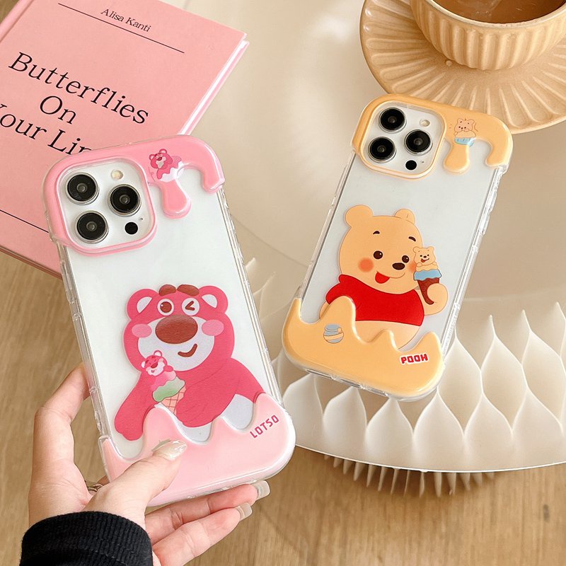 【3D Ice Cream】Strawberry Bear Summer 3D Soft Case IPhone XR XS Max 11 12 13 14 Pro Max 14 Plus for Women Girl Gift Cartoon Lovely Winnie the pooth Bear