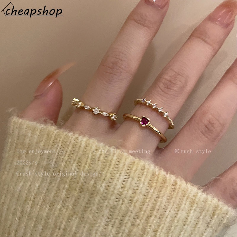 Ifyou 3Pcs/Set Vintage Zirkon Jantung Cincin Set Kristal Emas Cincin Untuk Wanita Perhiasan Aksesoris